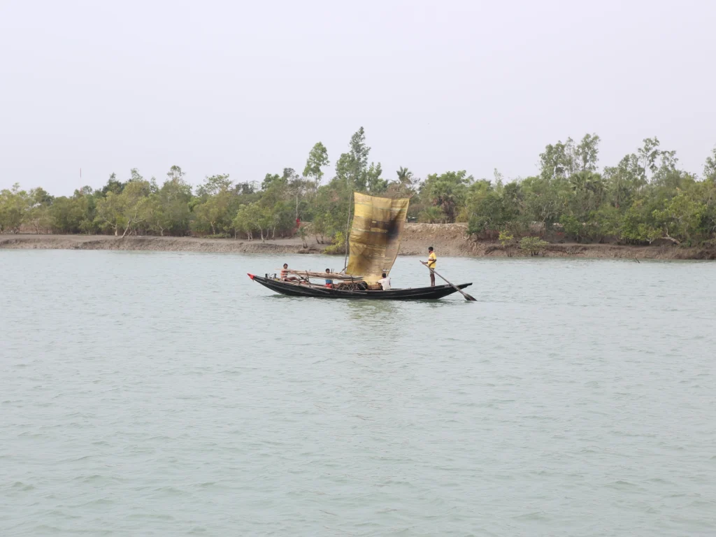 Sailboat near a river island